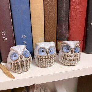 Vintage Cottagecore Set of Three Blue and Brown Pottery Miniature Owl Figures